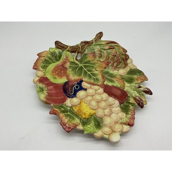 Fitz and Floyd Classic Leaf Shaped Fruit Pattern Plate with Hanging Wire Vintage - Picture 13 of 16